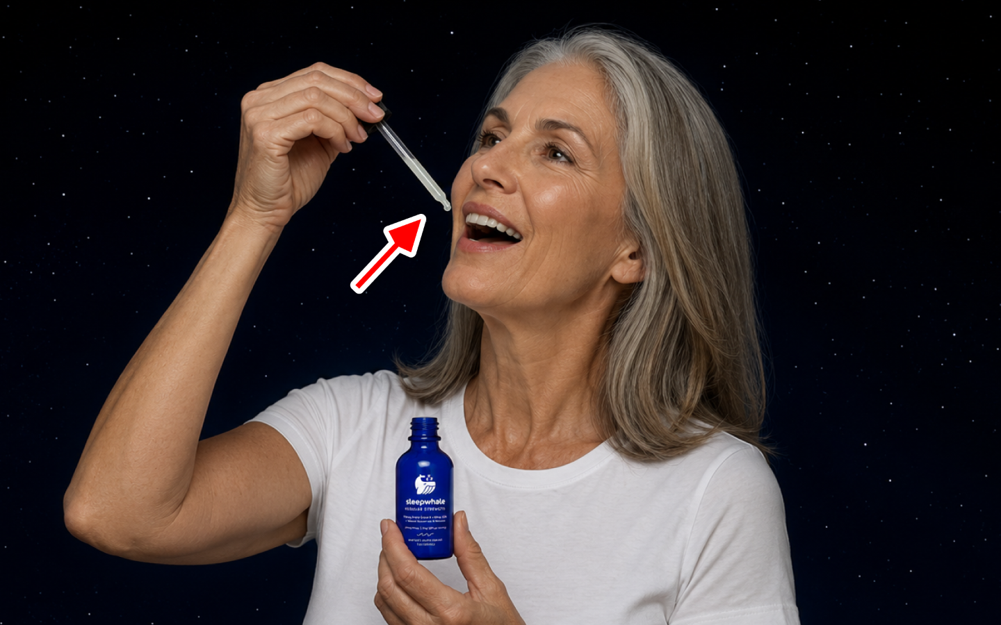 Woman holding a blue bottle and dropper against a starry night sky