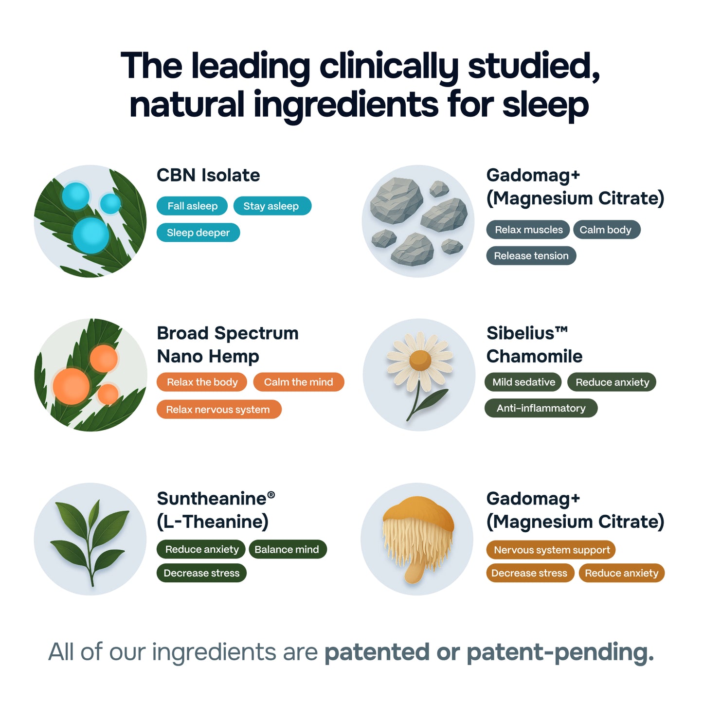 Diagram of natural ingredients for sleep with labels and descriptions.