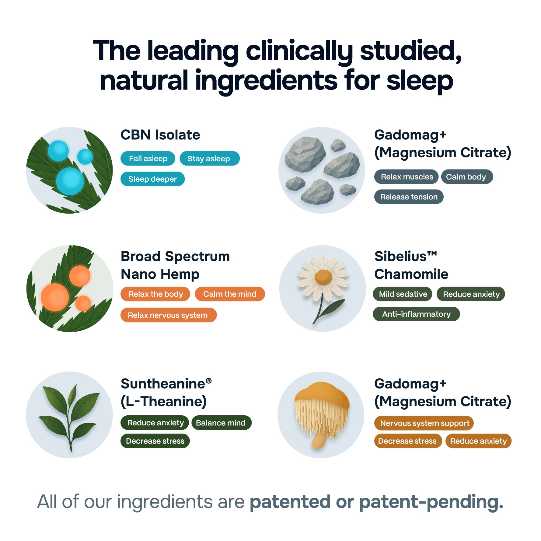 Diagram of natural ingredients for sleep with labels and descriptions.