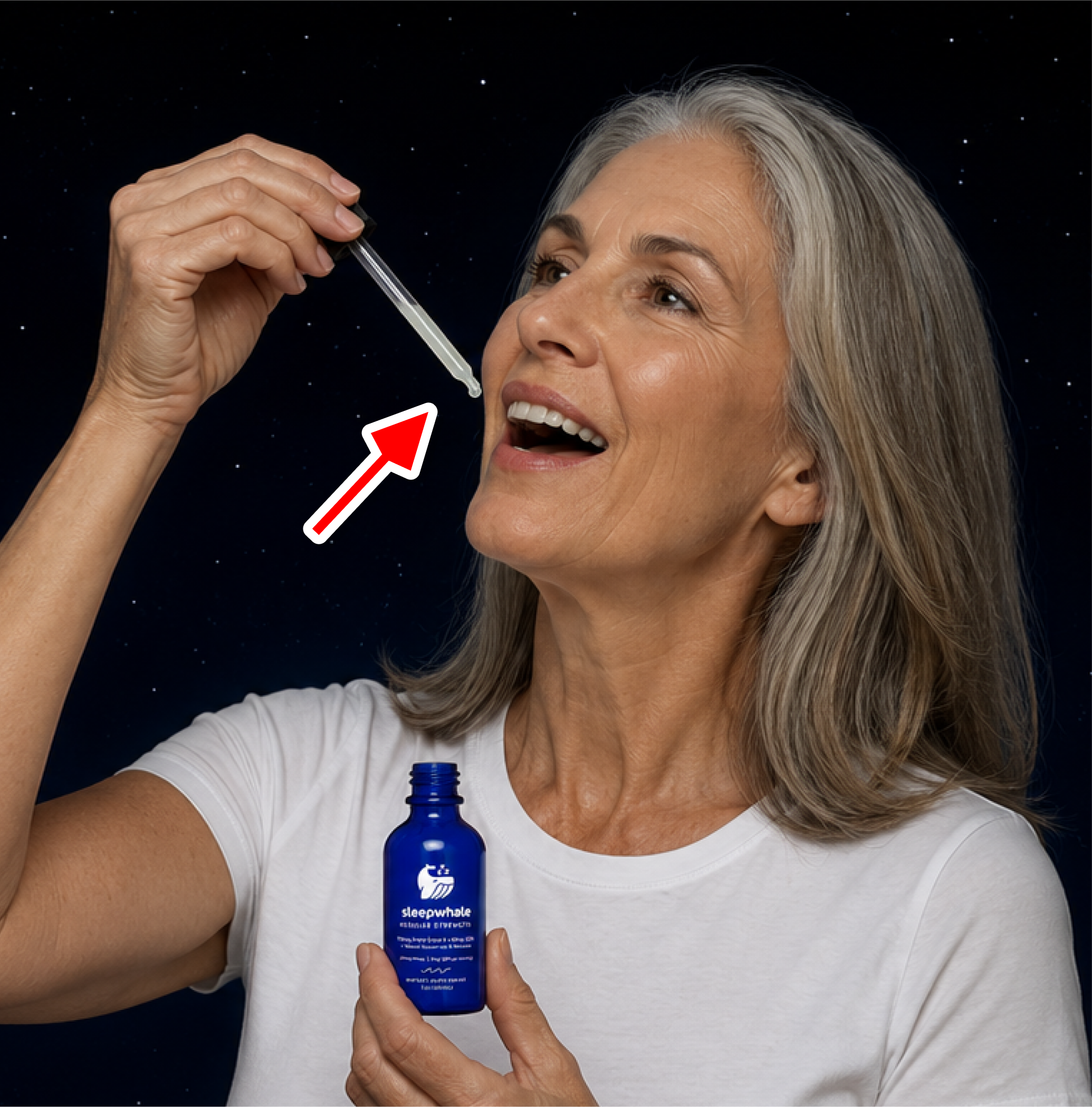 A woman with gray hair holds a glass dropper above her mouth while holding a small blue bottle labeled 'deepblue' against a dark starry background. A red arrow graphic points to the dropper.
