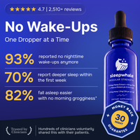 A promotional graphic for Sleepwhale Regular Strength dropper bottle. The image features a blue glass dropper bottle on the right side, set against a dark blue background with bold white and yellow text highlighting customer testimonials and benefits.