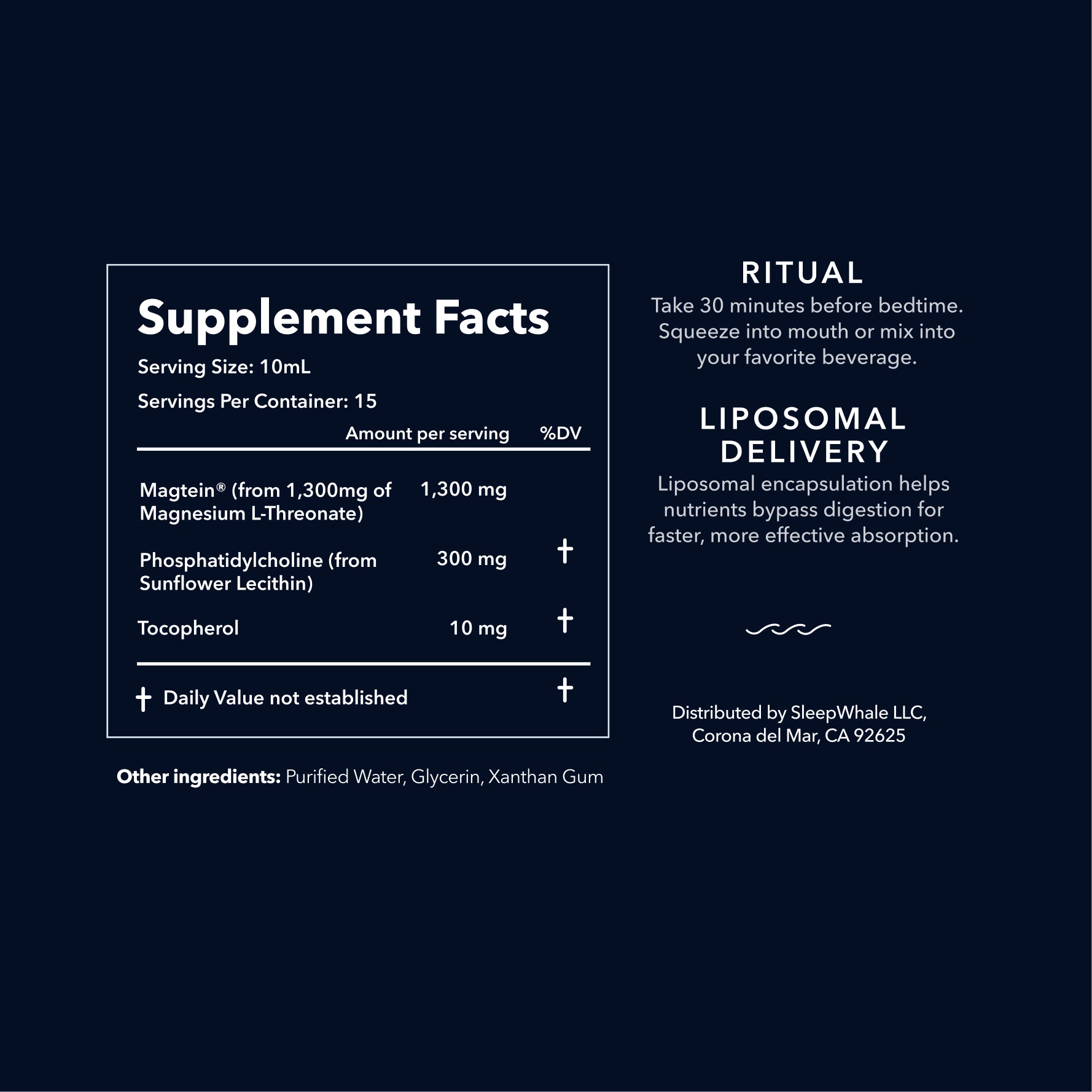 Supplement facts label with liposomal delivery information on a black background
