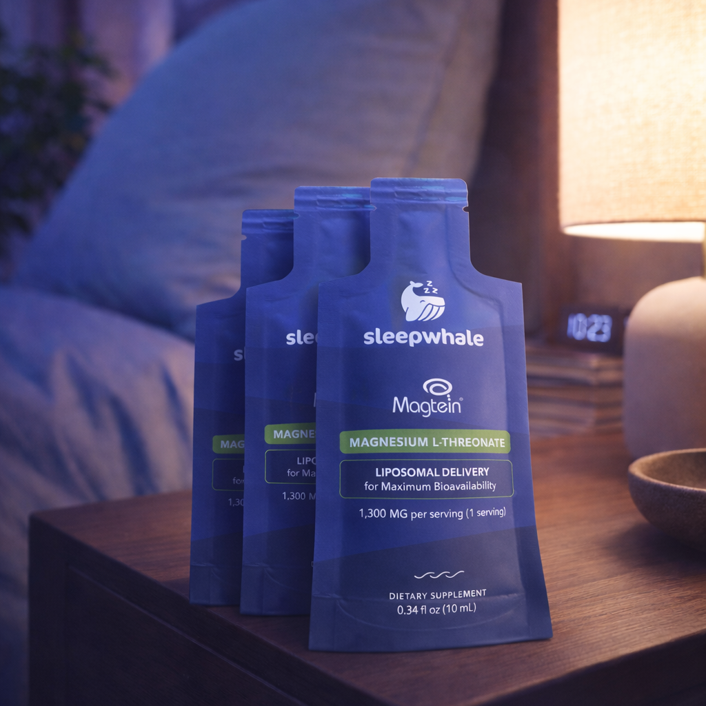 Three blue Sleepwhale supplement packages on a bedside table with a dimly lit room in the background.
