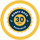 A circular yellow and blue graphic badge with the text '30 DAY MONEY BACK GUARANTEE' in white and blue lettering.